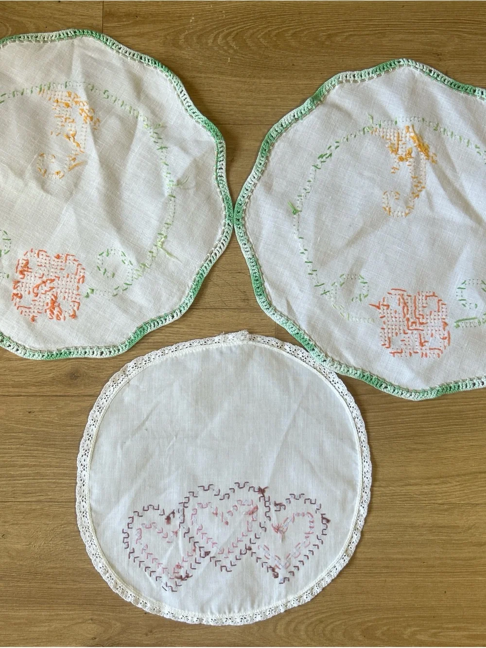 Embroidered Linen Doilies Set in White with Orange & Green Accents